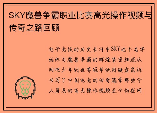 SKY魔兽争霸职业比赛高光操作视频与传奇之路回顾